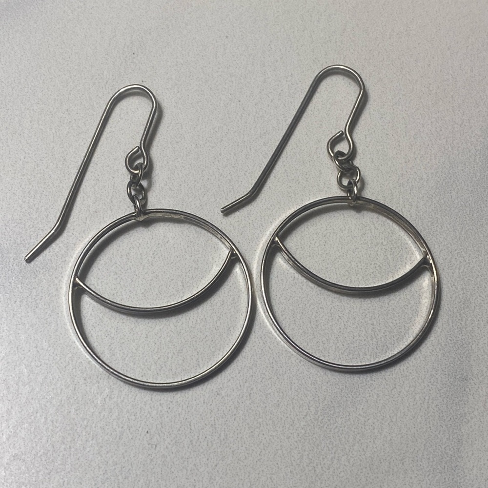 Crescent moon circle hook drop earrings sterling silver‎ 925